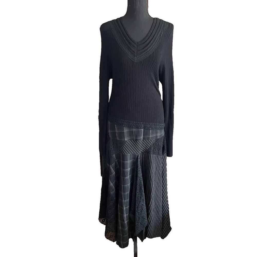 Vintage STYLE Black Patchwork Maxi Long Sleeve Dress Womens XL